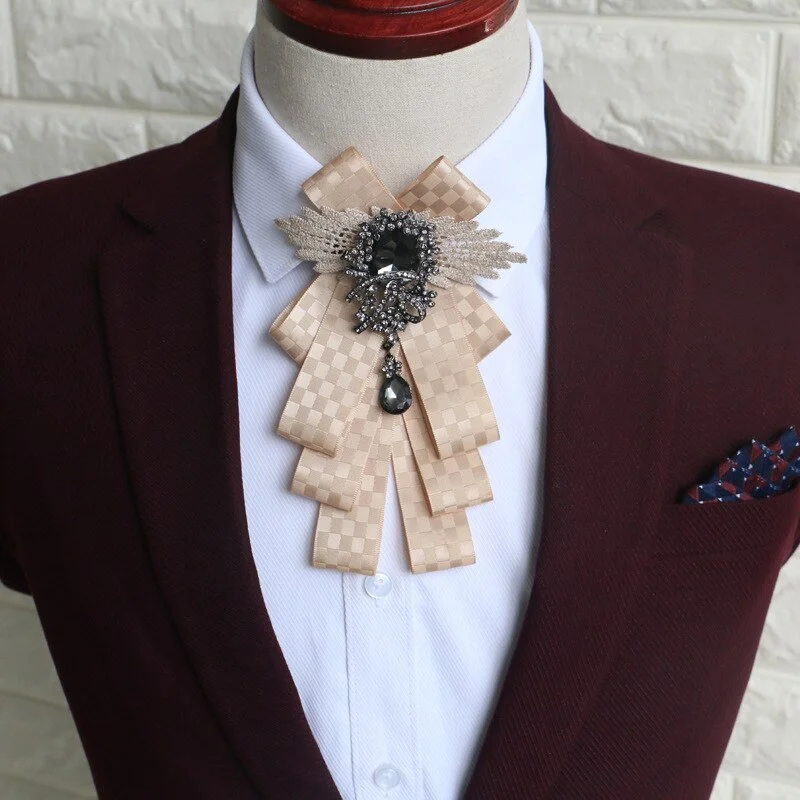 New Bow Tie Vintage Rhinestone Handmade Ribbon Brooch Bowtie Elegant Jewelry Collar Pin Cravat Wedding Accessories Pocket Square
