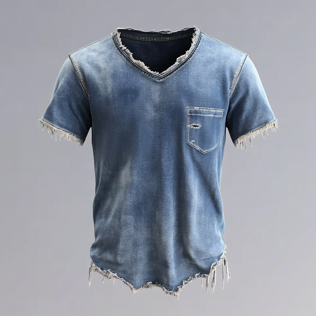 Men's V Neck Short Sleeve Raw Edge Chest Pocket Denim T-Shirt