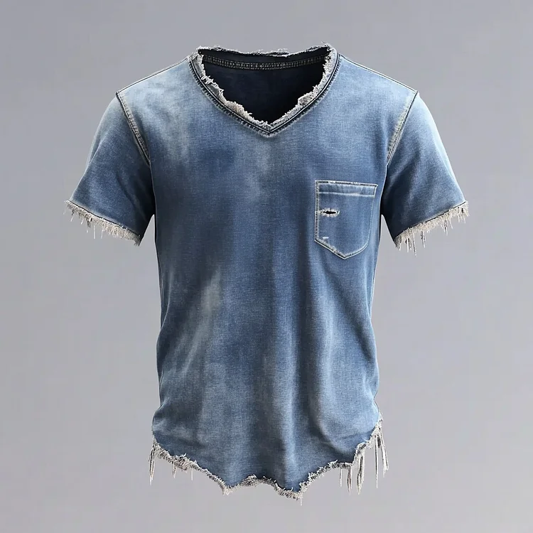 Men's V Neck Short Sleeve Raw Edge Chest Pocket Denim T-Shirt