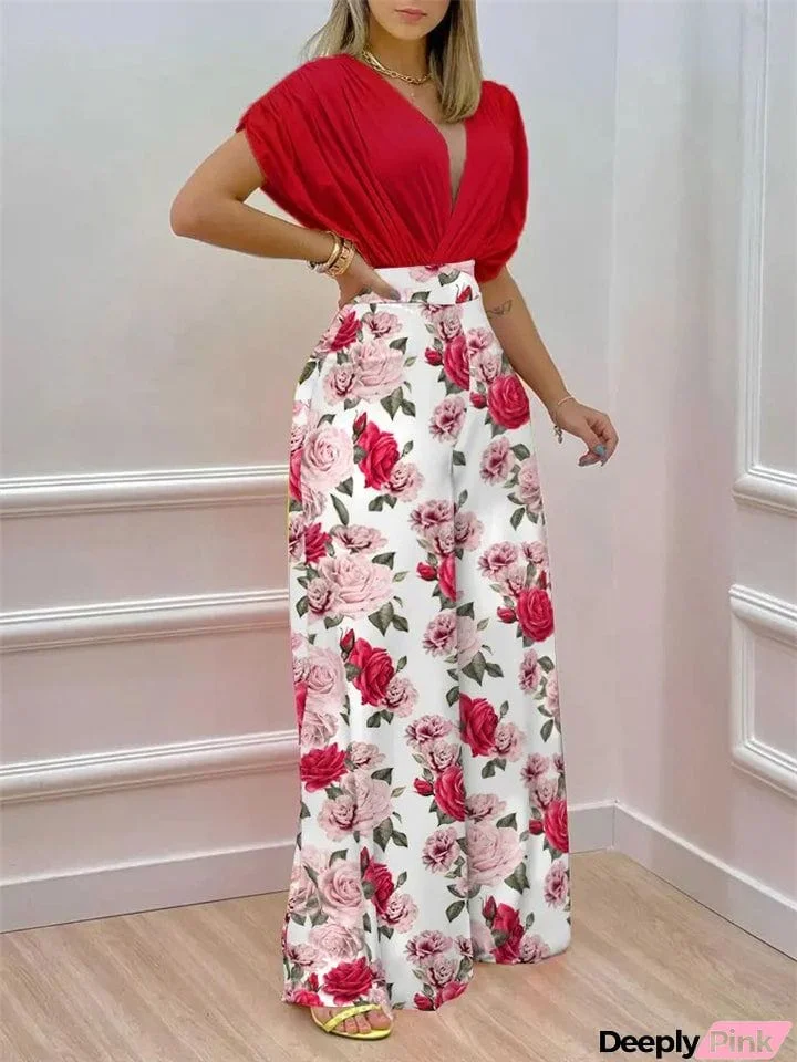 Women's Batwing Sleeve Floral Top Pants Set for Summer