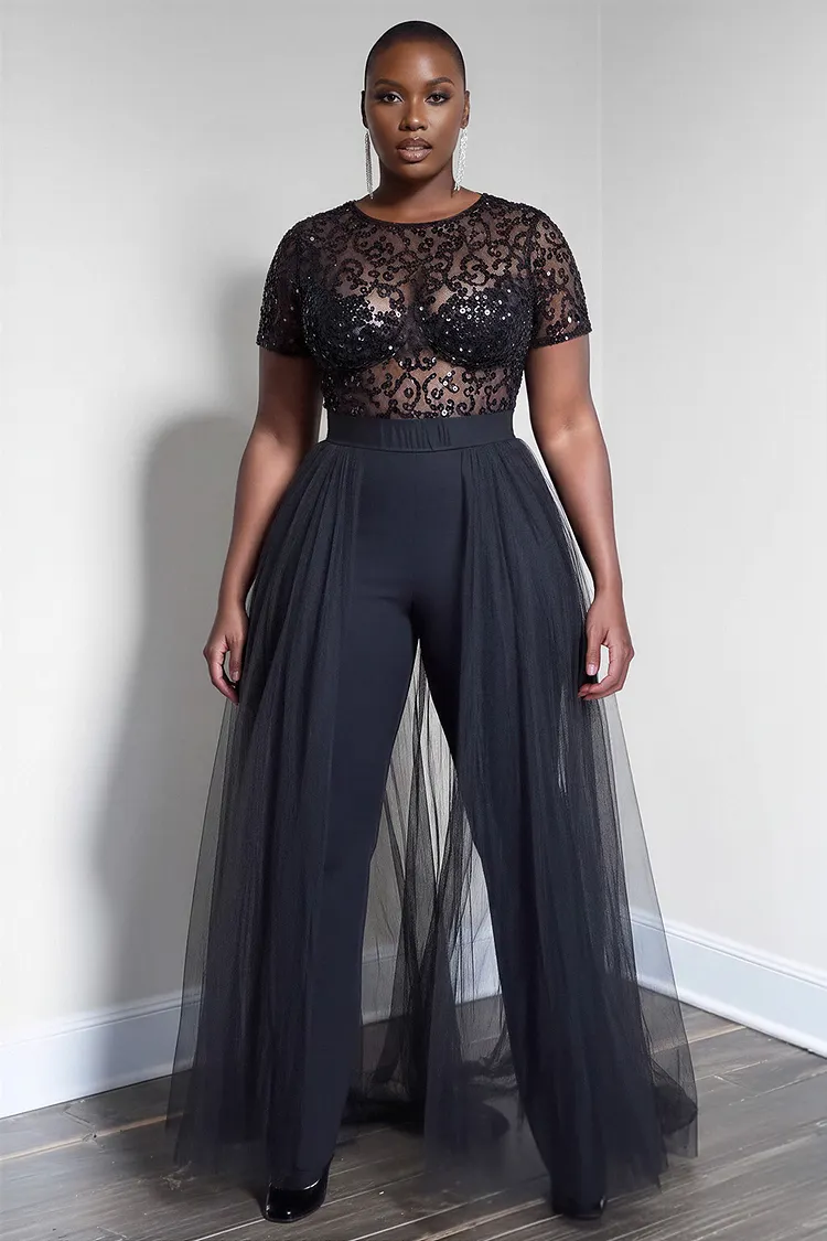 Xpluswear Design Plus Size Party Tulle Black Round Neck Short Sleeve See Through With&nbsp;Skirt&nbsp;Overlay&nbsp;Sequin Jumpsuits [Pre-Order] 2024 - Xpluswear