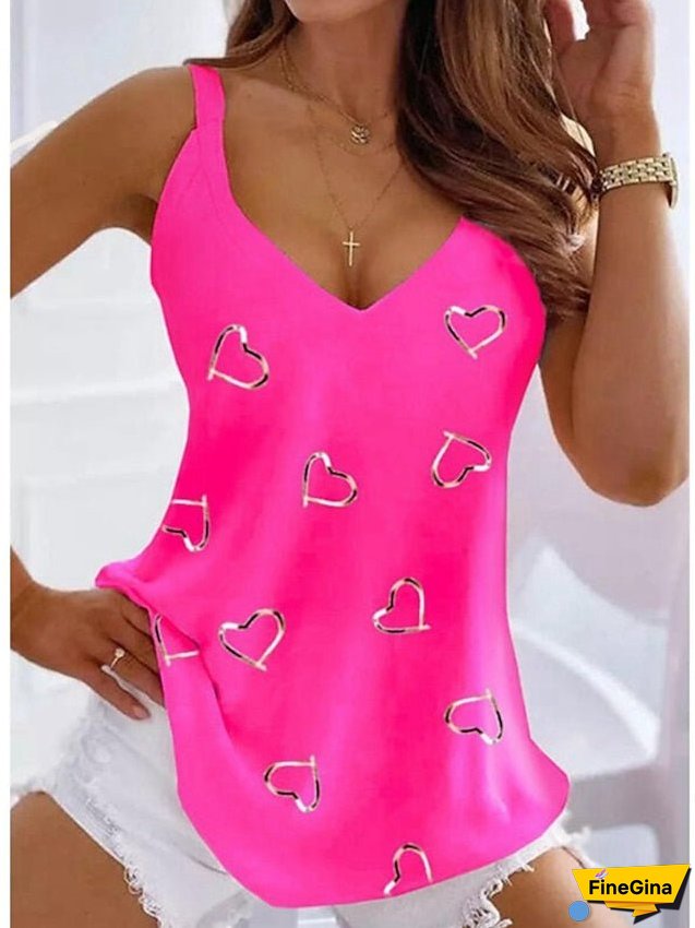 Women's Tank Top Going Out Tops Summer Tops Black White Pink Heart Print Sleeveless Casual Weekend Tunic Basic V Neck Regular S