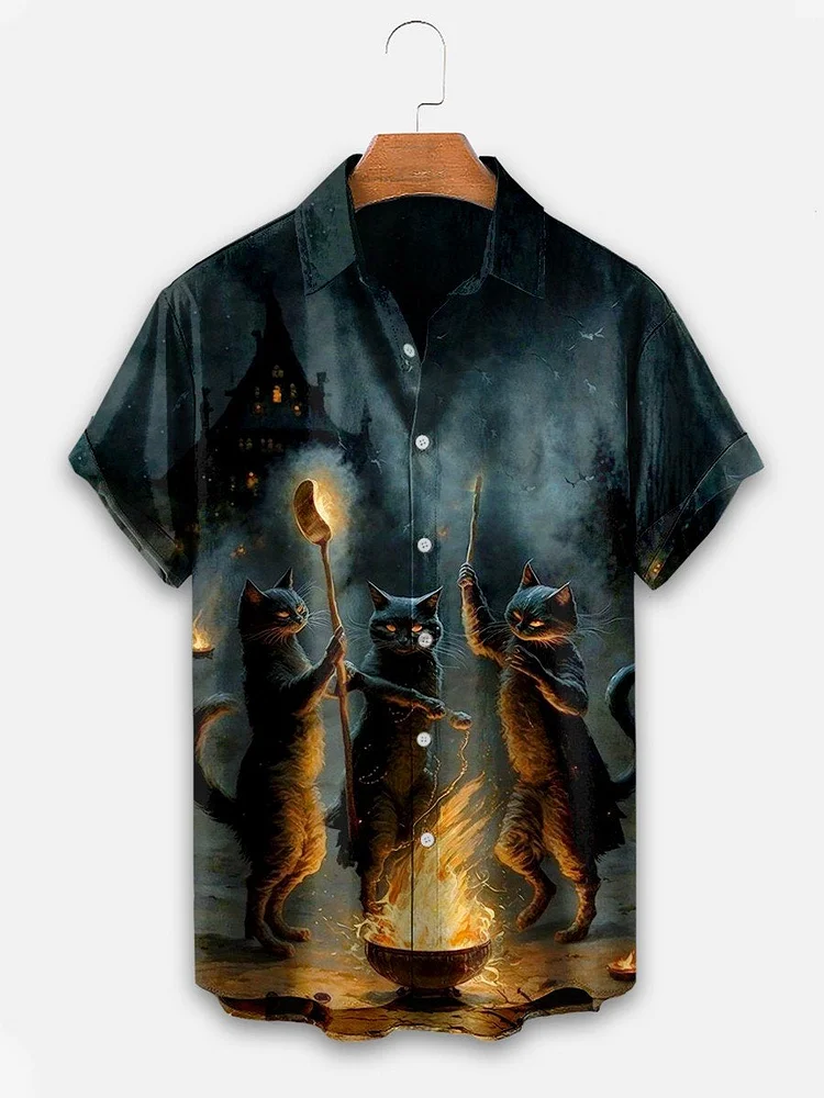 Men's Halloween Cat Print Casual Shirt