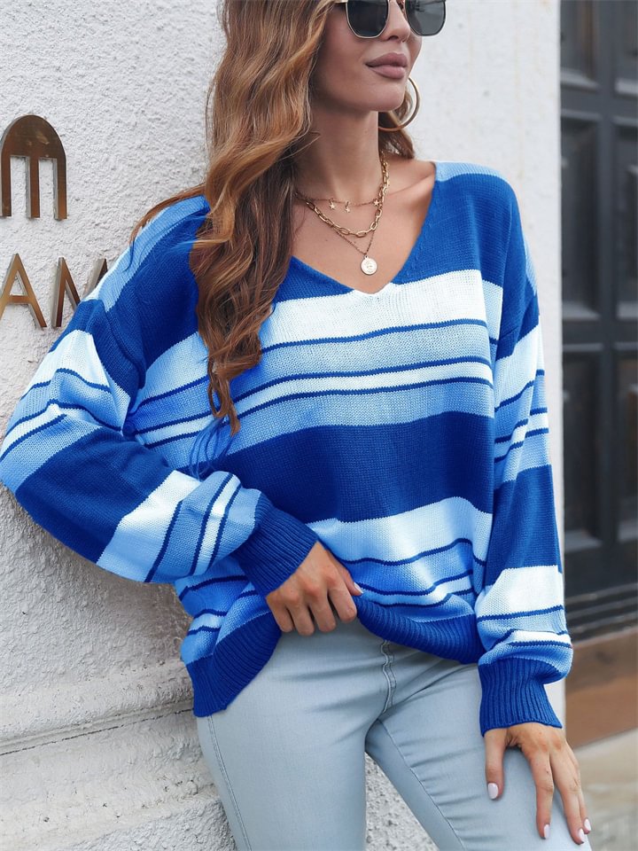Striped Gradient V-neck Long-sleeved Sweater -vasmok