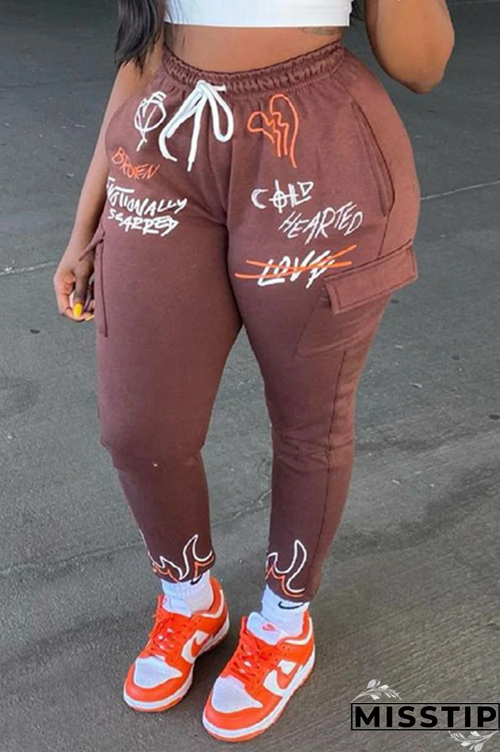 Purplish Red Fashion Casual Print Basic Regular High Waist Pencil Trousers