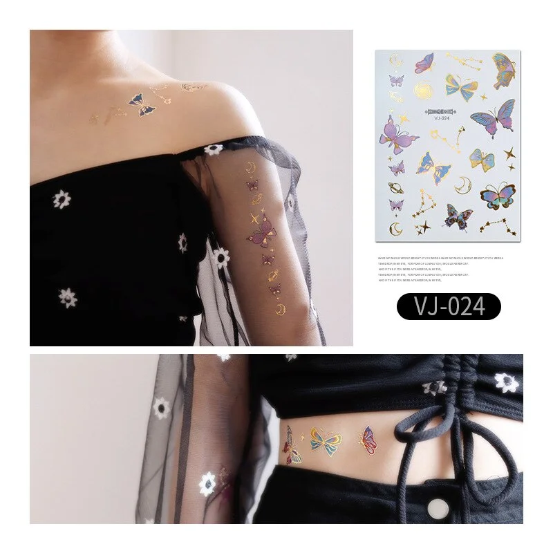 12 Kinds Bronzing Tattoo Butterfly Disposable Shiny Party Makeup Sticker Women Temporary Body Art Summer Waterproof