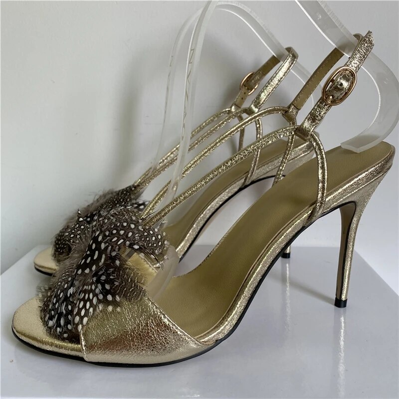 VCSHOES Feather Flower Sandals Women 10cm Stiletto Heel Back Strap Real Leather Open Toe Modern Sandalias