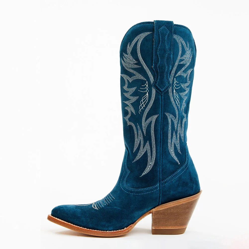 Teal Vegan Suede Almond Toe Chunky Heel Embroidered Cowgirl Boots