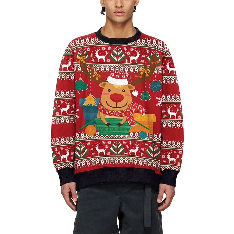 Unisex Moose Print Ugly Christmas Sweater(Red)