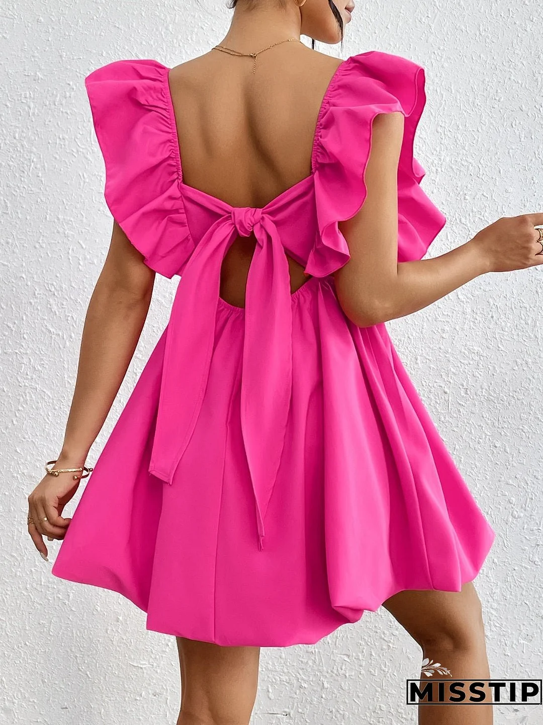 Ruffled V-Neck Cap Sleeve Mini Dress