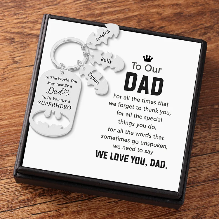 Dad Keychain Set With Gift Card Gift Box You Are A Superhero Personalized 3 Names Bat Keychain Gifts for Batman Dad