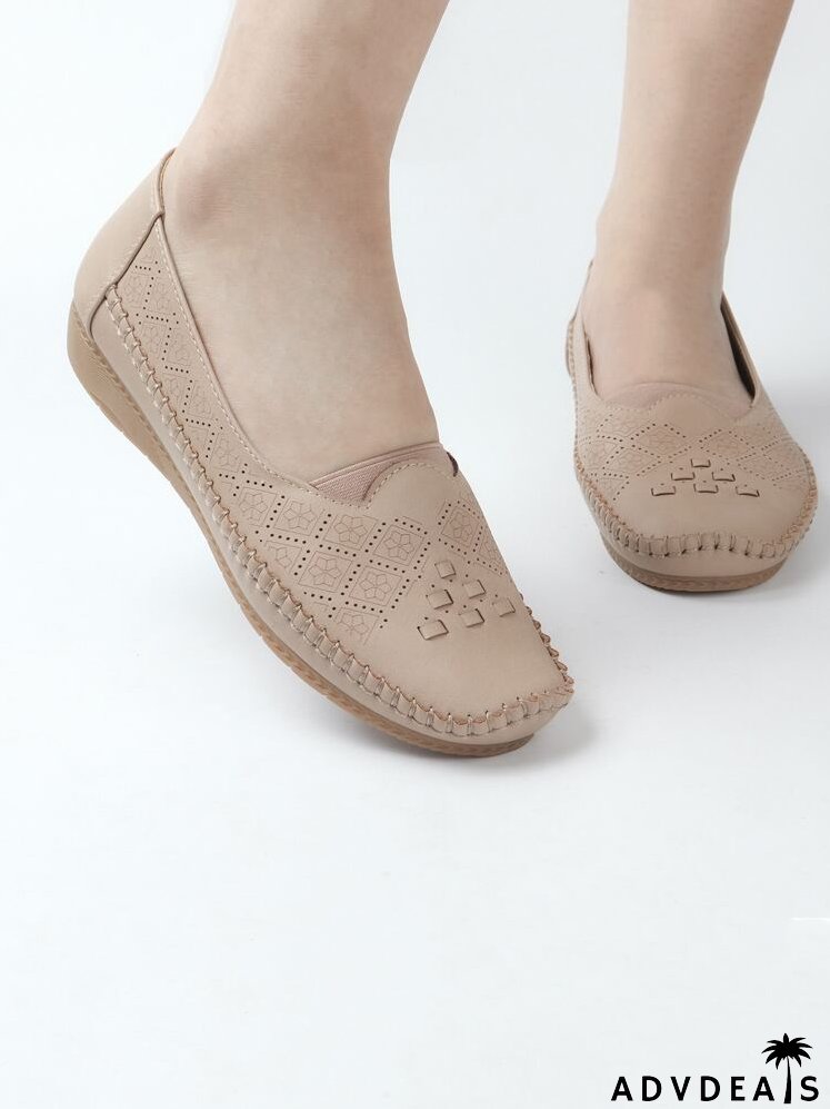 Perforated & Stitch Detail Square Toe Flats
