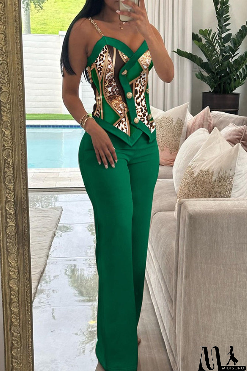 MidiSono - British Style Vintage Geometric Print Buttons Contrast V Neck Sleeveless Two Pieces