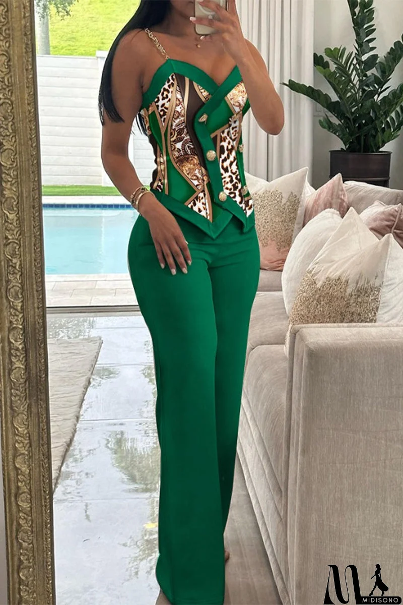 MidiSono - British Style Vintage Geometric Print Buttons Contrast V Neck Sleeveless Two Pieces