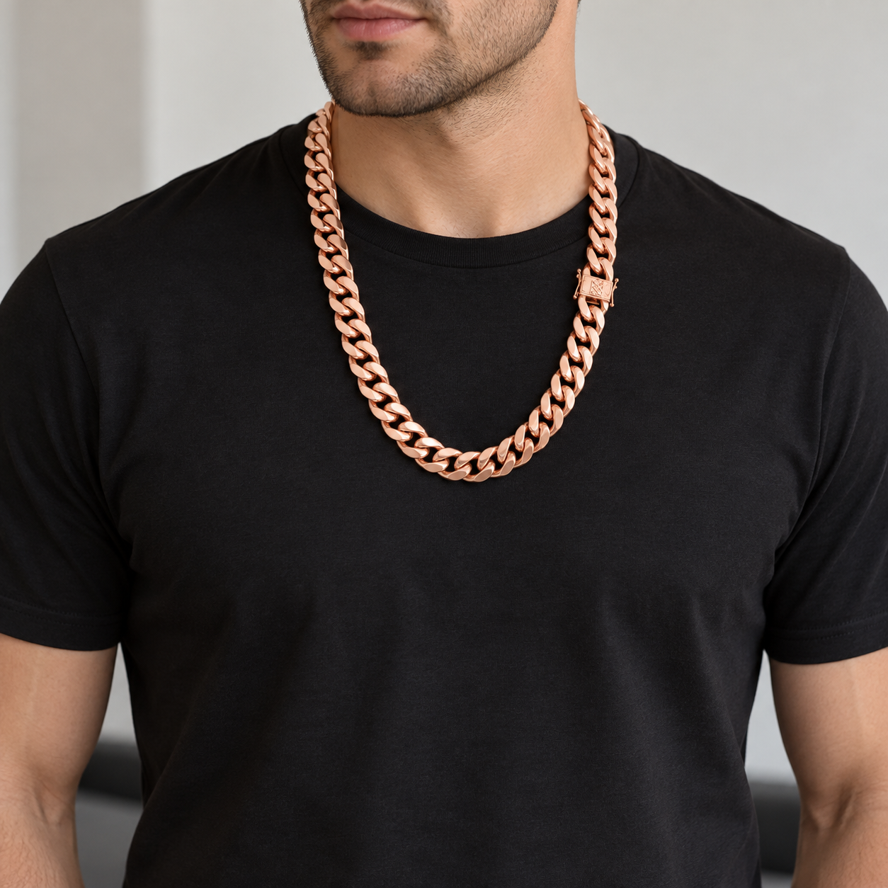  14mm Rose Gold-Plated Titanium Steel Miami Cuban Link Necklace for Men & Women
