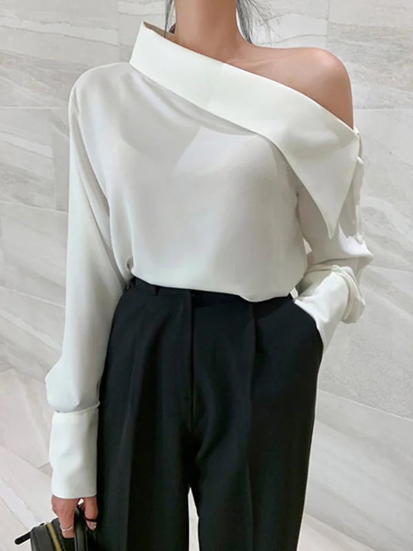 Solid Color See-Through Buttoned Asymmetric Long Sleeves One-Shoulder Blouses&Shirts Tops