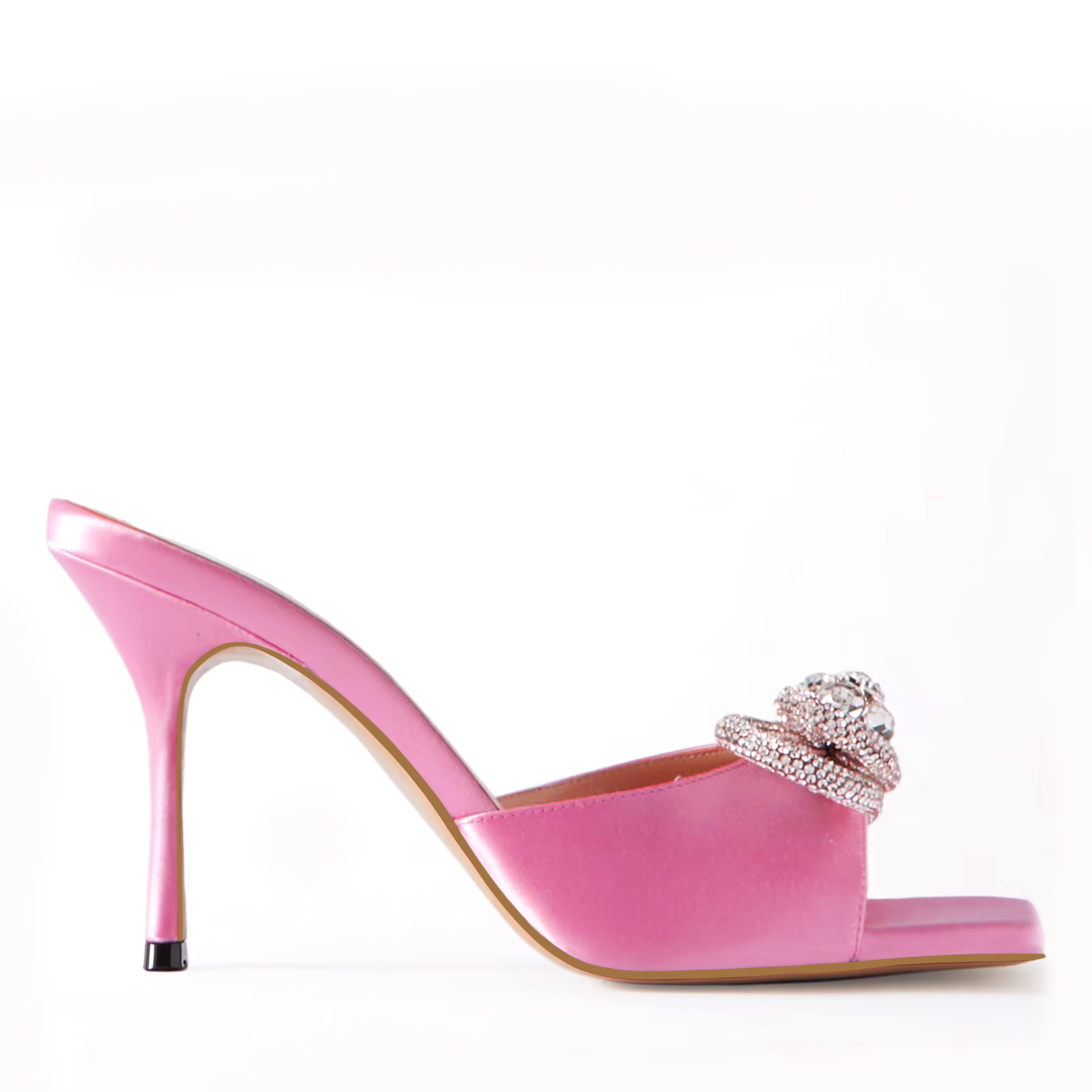 90mm Women's Heeled Sandals Square Open Toe Double Bow Satin Mules Heels Slip on Stilettos