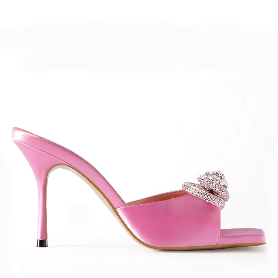 90mm Women's Heeled Sandals Square Open Toe Double Bow Satin Mules Heels Slip on Stilettos