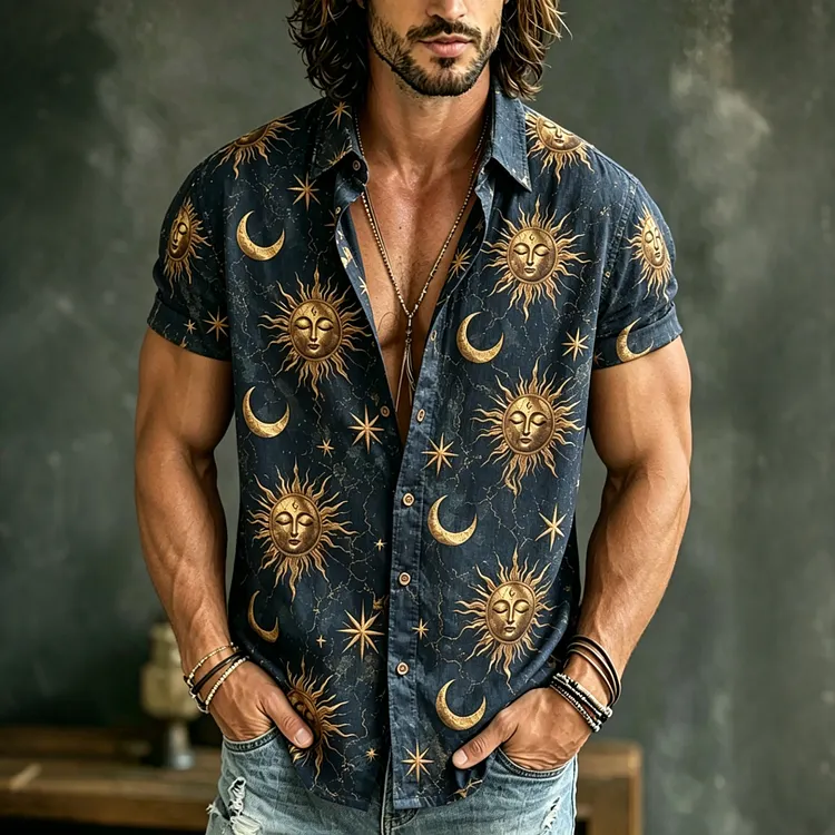 Men's Hippie Sun And Moon Art Pattern Print Short Sleeves Shirt