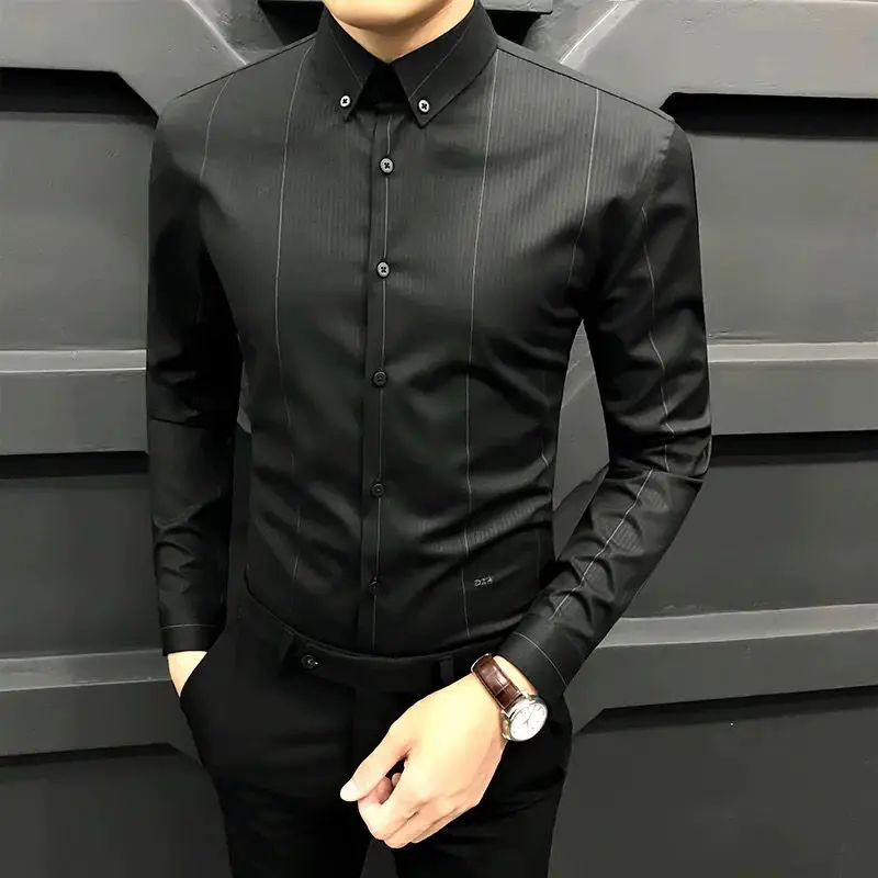 Greenacrs mens winter vest jacket Male Top Formal Men's Shirt and Blouse for Office Clothes Striped Dress Business Black Social Luxury Button Cool Asia Elegant I