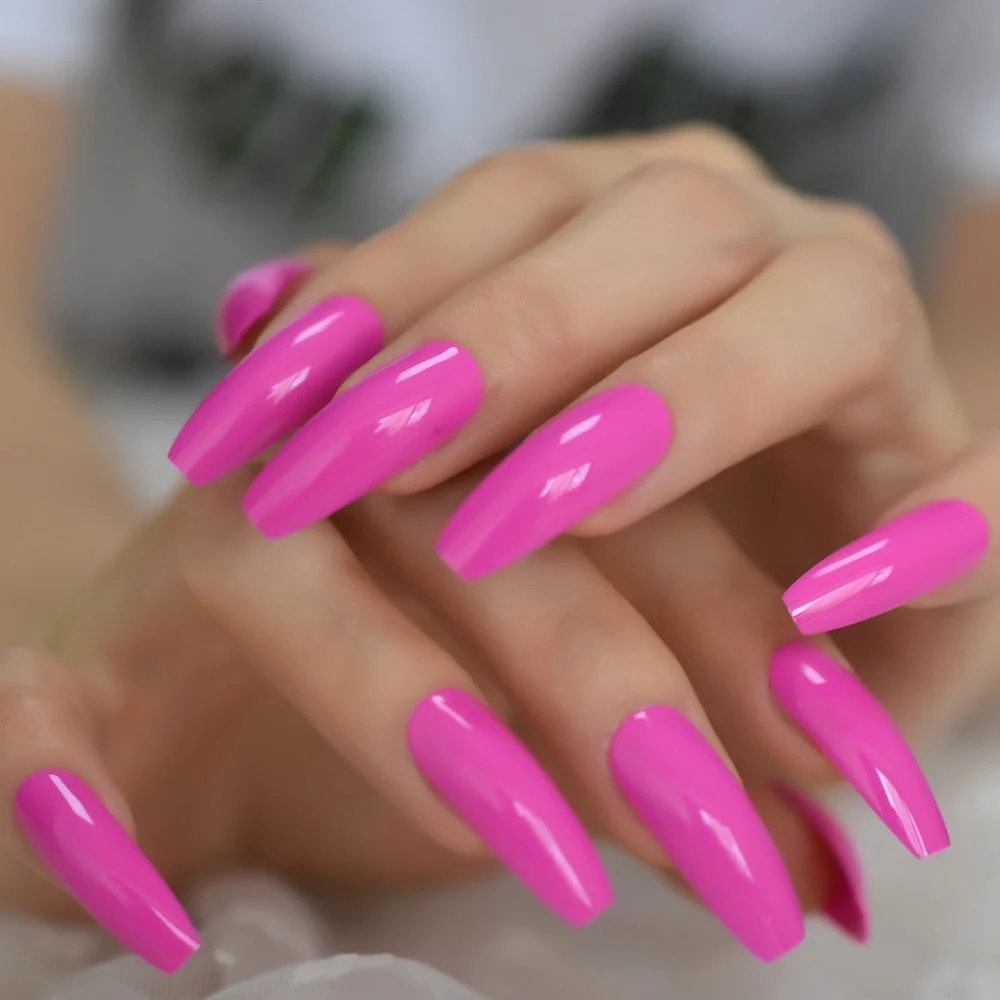 Rose Pink Extra Long Coffin Shape False Nails UV Shine Surface Neon Solid Color Acrylic Artificial Nail Tips 24-Nail Inspo