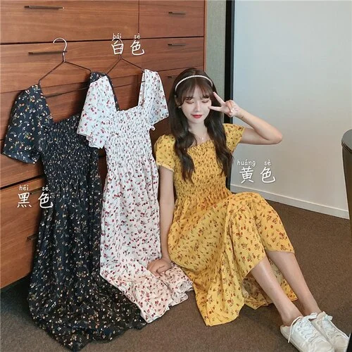 Short Sleeve Dress Women Chiffon Floral Knee-length High Waist Pleated Square Collar Chic Retro Girls Elegant Stylish Simple New