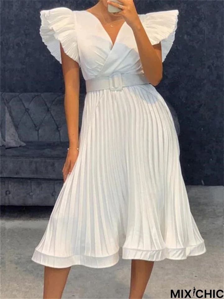 Women's Sexy V-Neck Fly-Sleeve Pleated Dress White Dresses