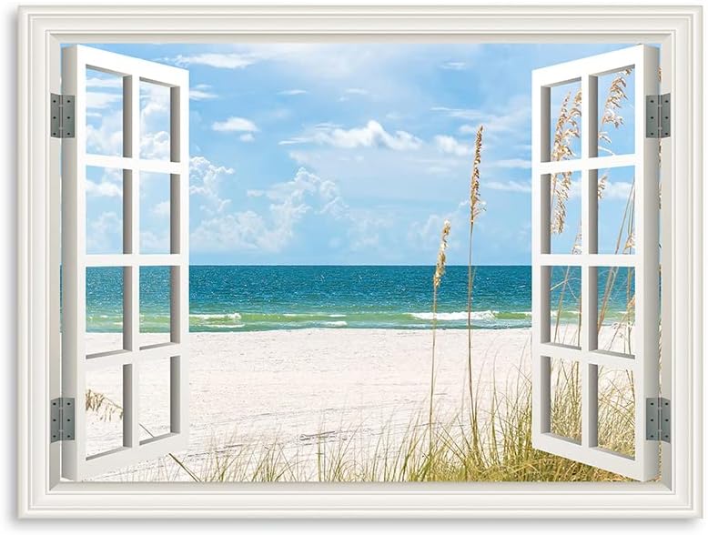 Beach Windows Canvas Wall Art: Beautiful Tropical Beach Windows Pictures, Landscape Wall Decor for Livingroom Bedroom Modern Wall Decor Gallery Canvas Wraps Giclee Print Stretched and Framed Ready to Hang 12 inch  x 16 inch  12&#034;x16&#034;