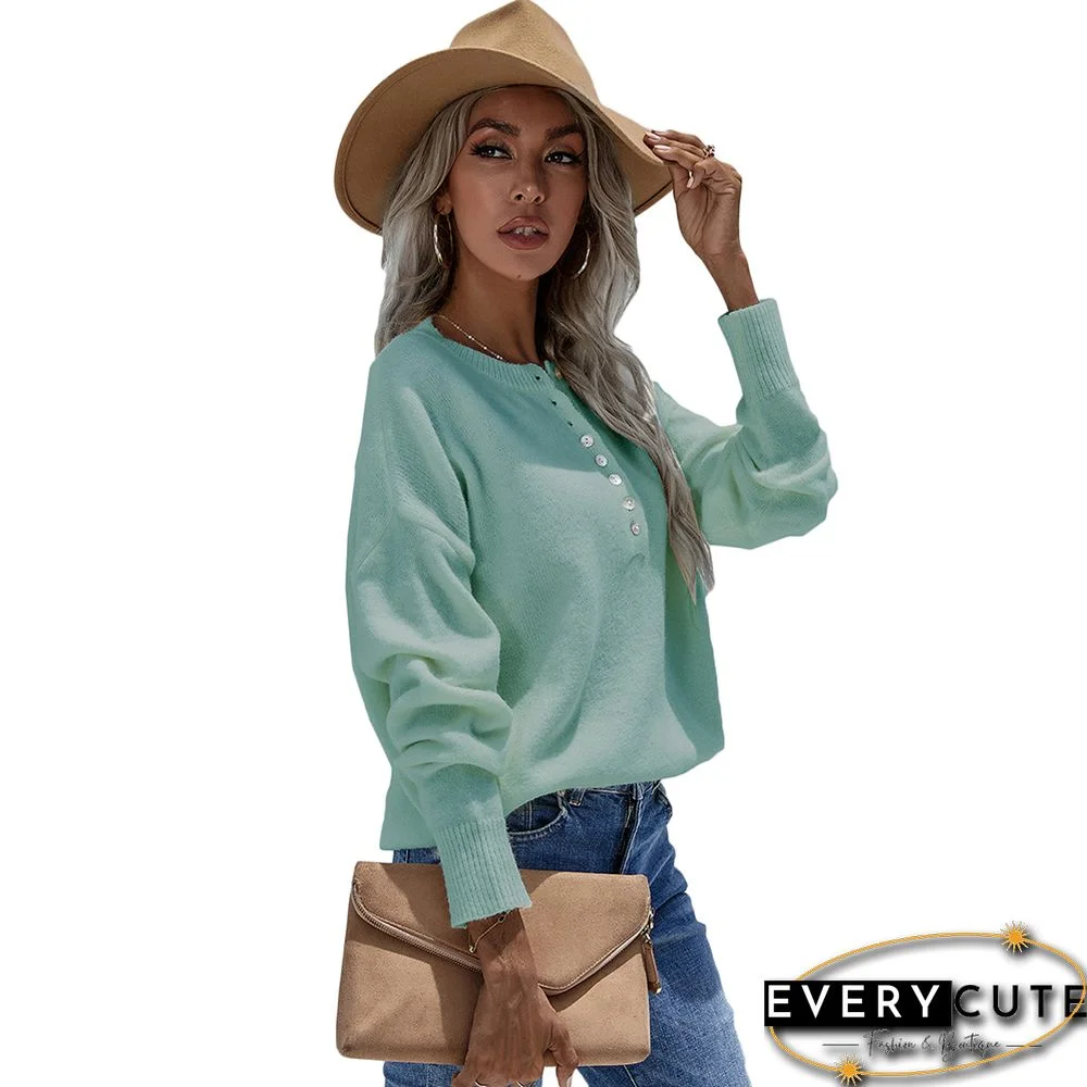 Light Green Button Neck Knitted Pullover Sweater