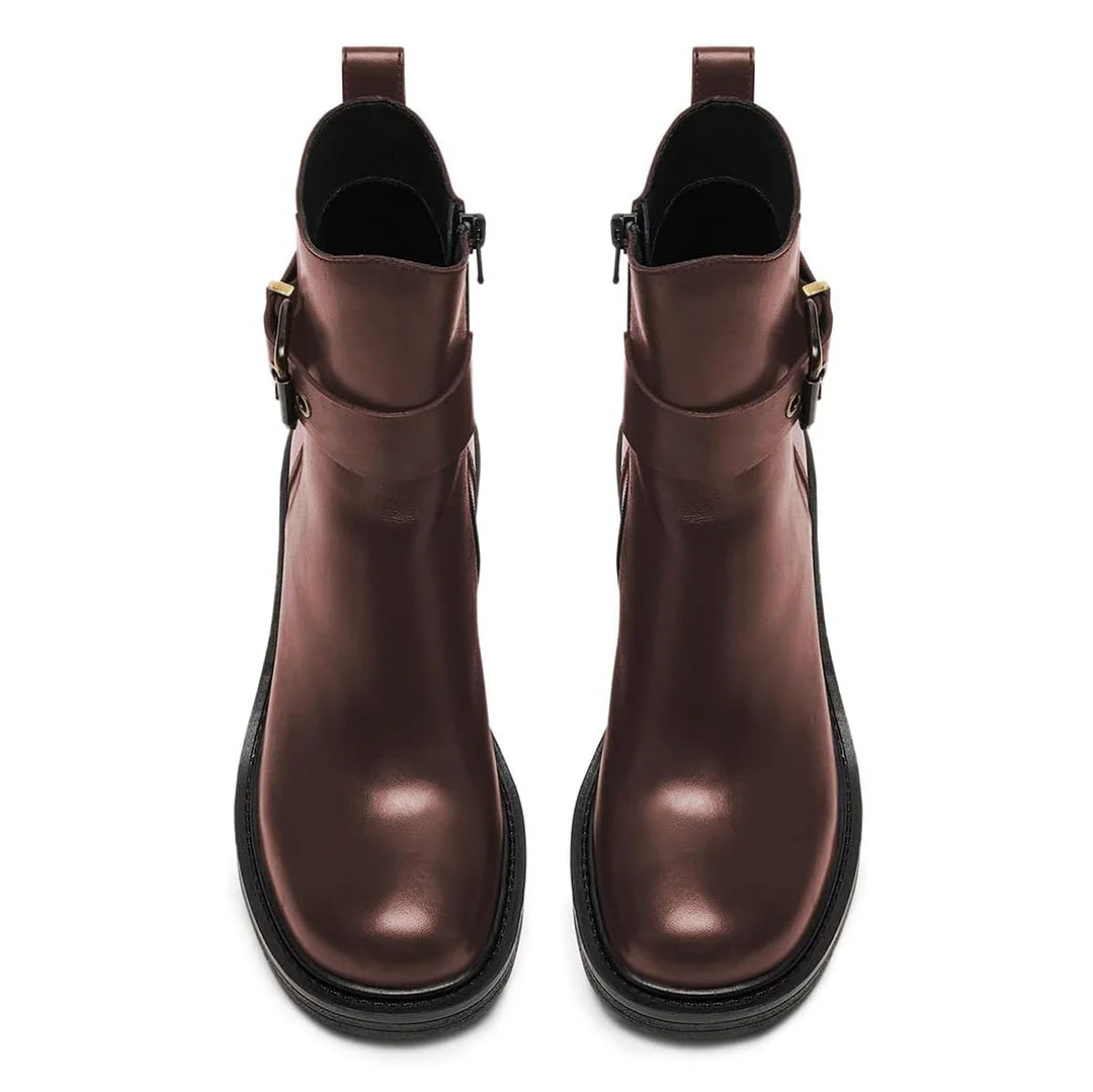 Dark Brown Vegan Leather Round Toe Buckle Inlay Block Heel Ankle Boots