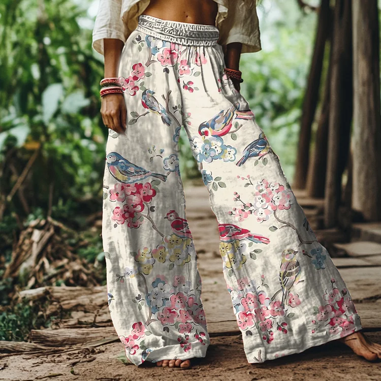 Vintage Floral and Bird Art Print Loose Wide-leg Pants