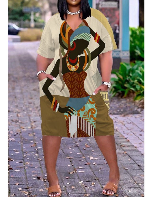 African Girl Plus Size V-neck Mid-sleeve Dress