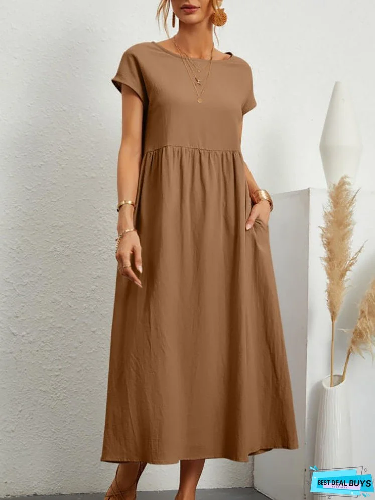 Sleeve Round Neck Cotton Linen Dress Dresses
