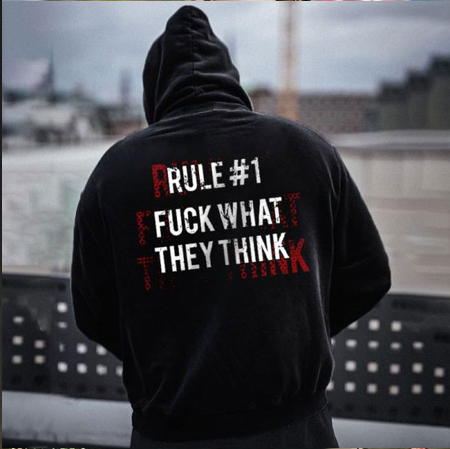 RULE #1 FUCK WHAT THEY THINK Distressed Graphic Black Print Hoodie