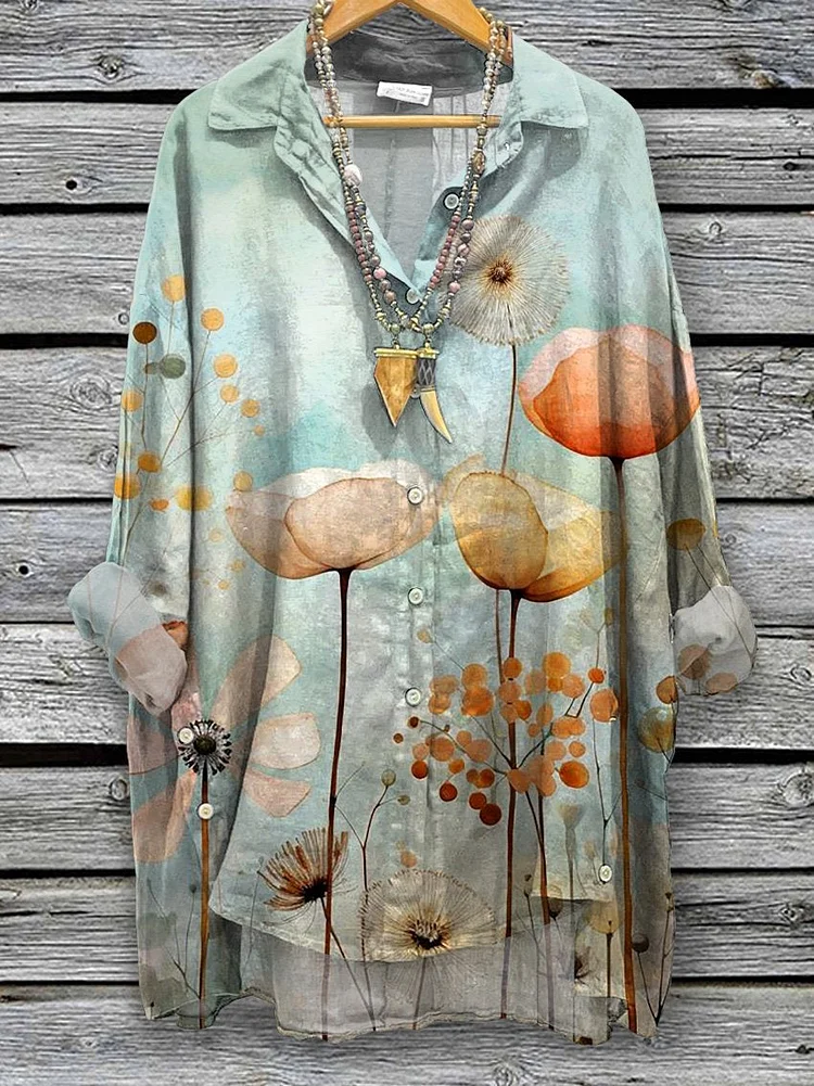Spring Scenery In The Poppy Field Art Printed Women's Casual Cotton And Linen Shirt