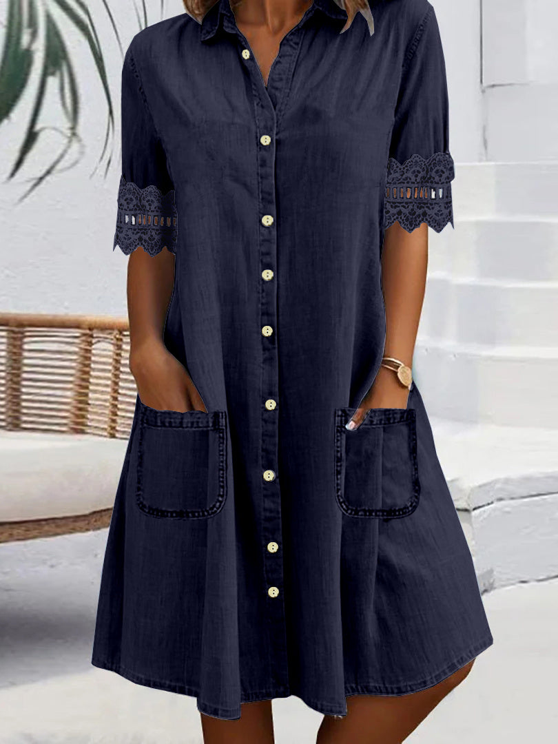 Women Short Sleeve Shirt Collar Solid Button Pockets Lace Denim Midi Dress