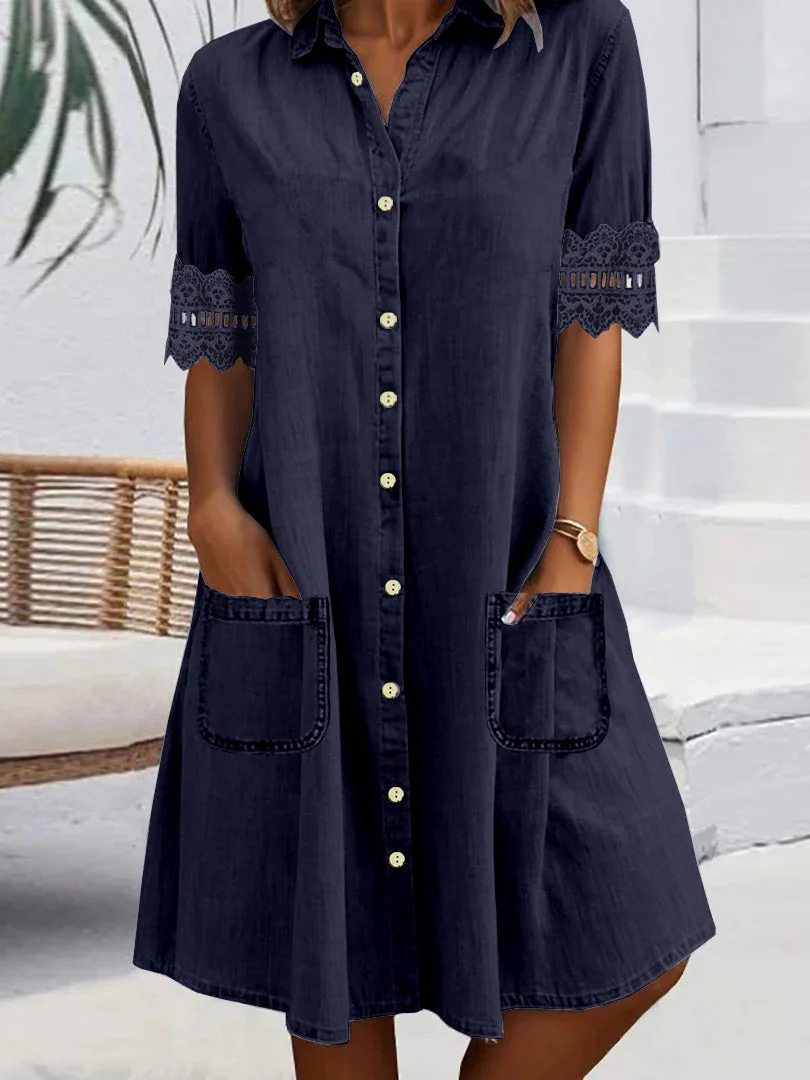 Women Short Sleeve Shirt Collar Solid Button Pockets Lace Denim Midi Dress