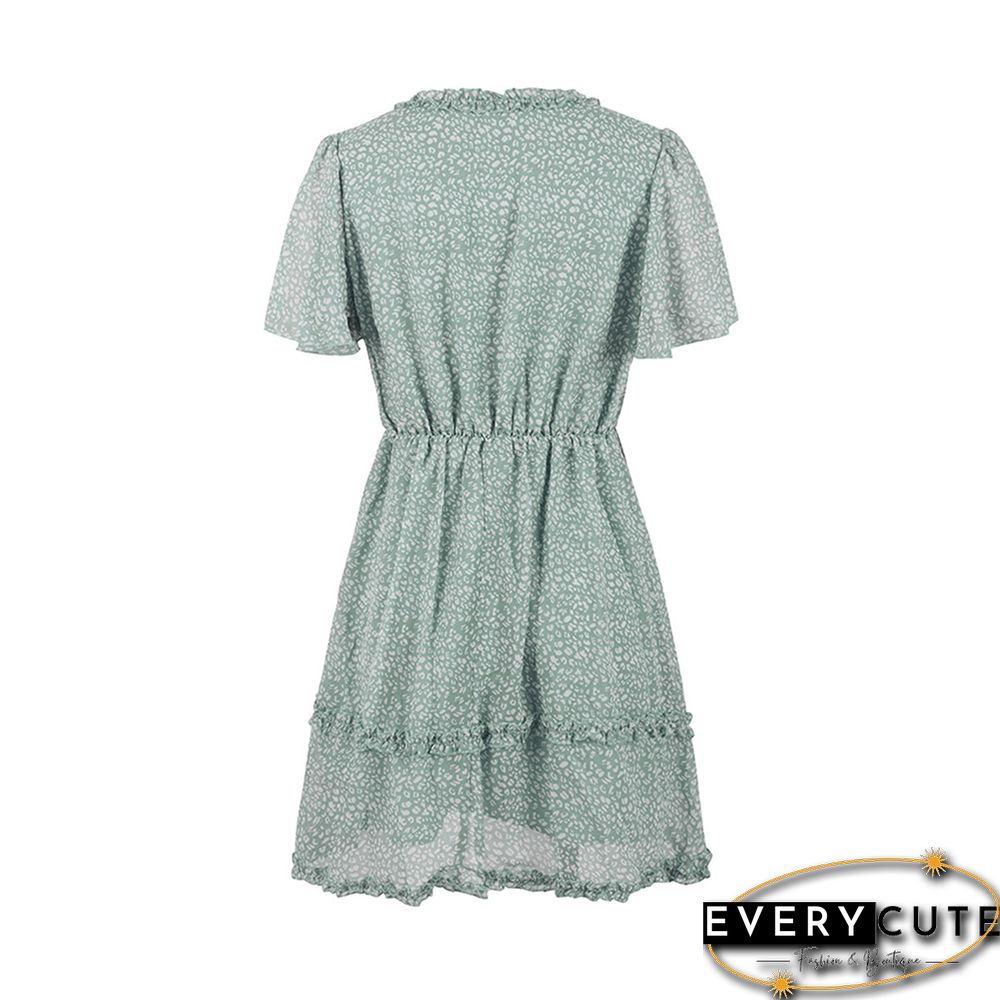 Light Green Layered Ruffle V Neck Floral Dress