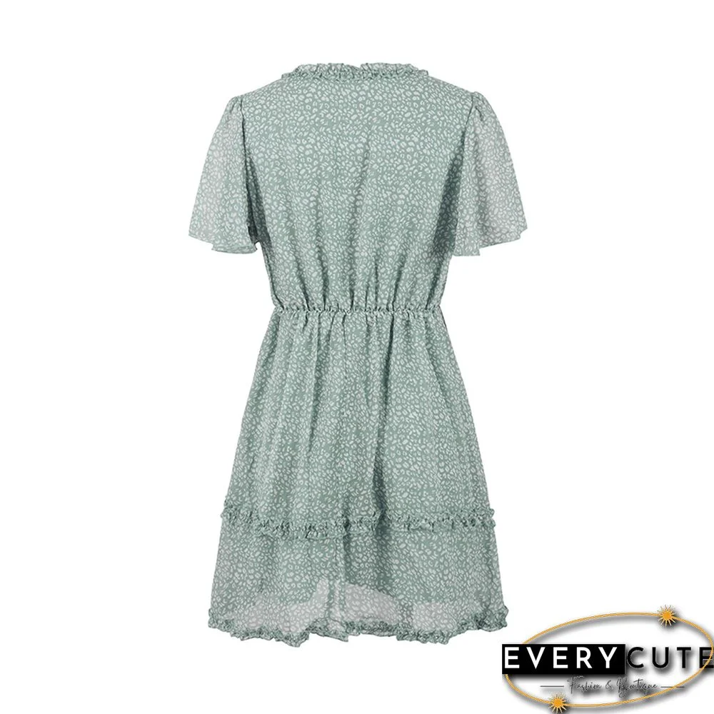 Light Green Layered Ruffle V Neck Floral Dress