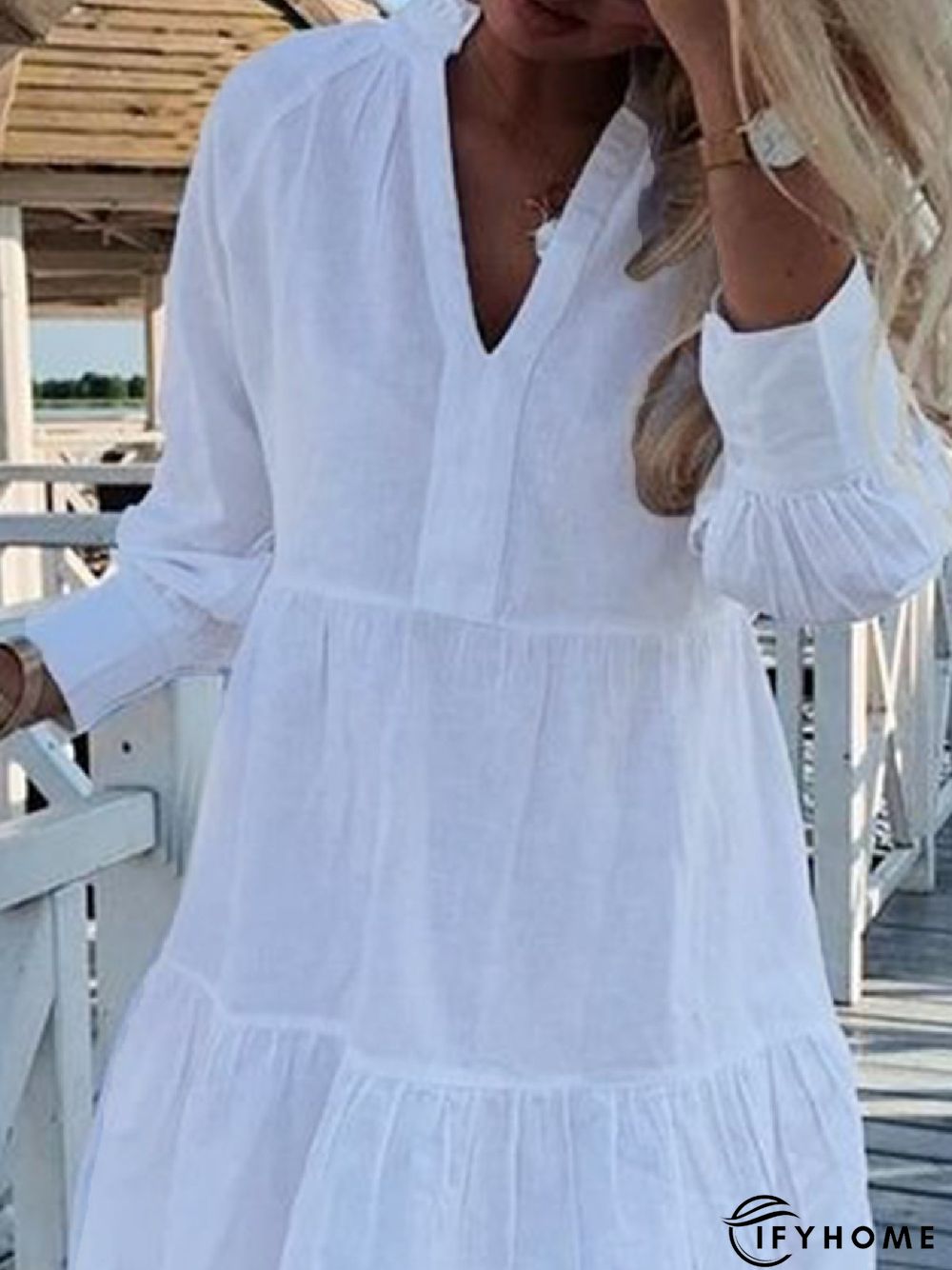 Casual V neck Plain Loose Long Sleeve Dress | IFYHOME