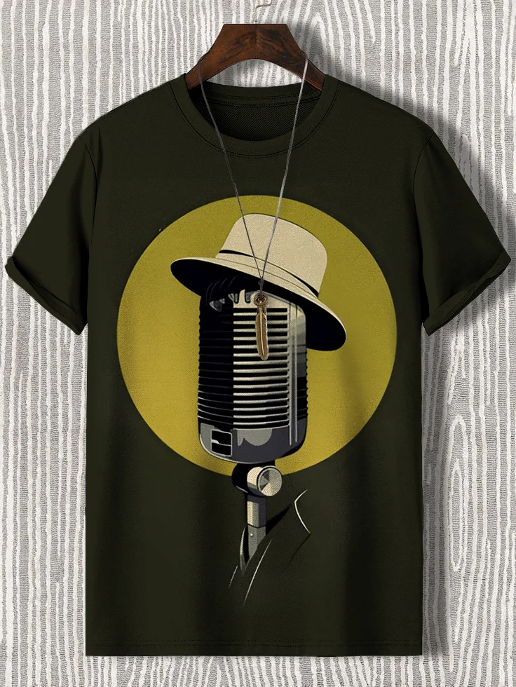 Men's Retro Microphone Art Graphic Print Casual T-Shirt