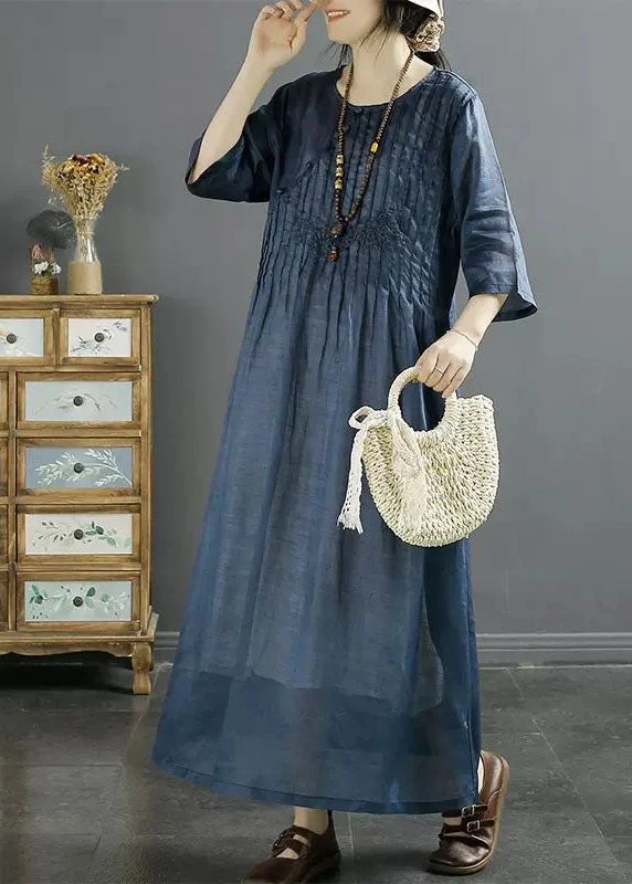 Italian Blue O Neck Embroideried Patchwork Long Linen Dresses Summer