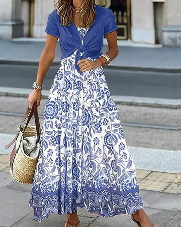 Casual Holiday V-Neck Floral Two-Piece Dress