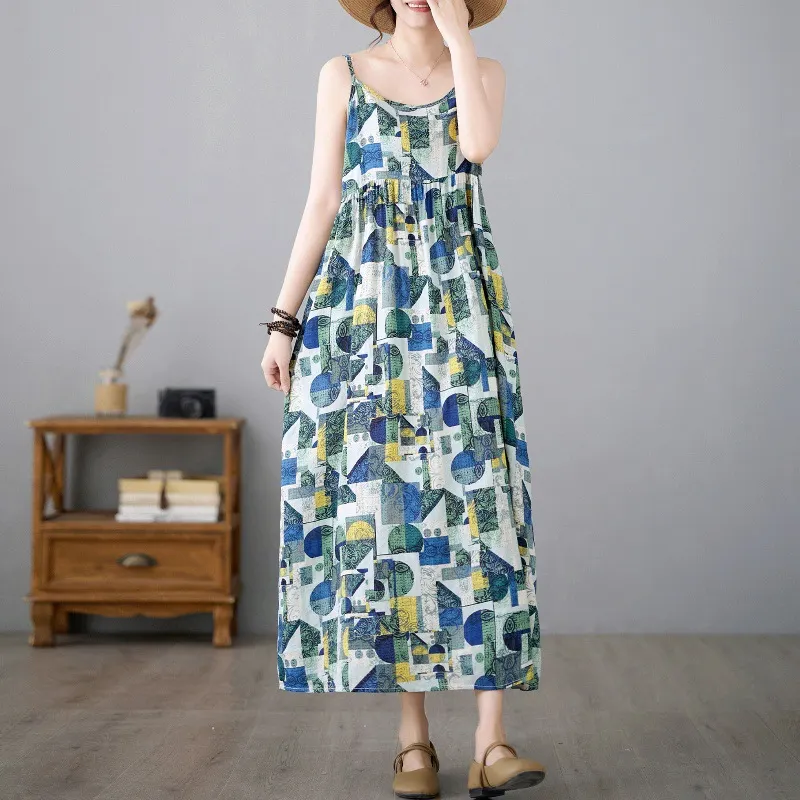 Brownm Brownm Summer Art And Leisure Swing Cotton Tample Long Print Beach Dress Women's Sleeveless Slings