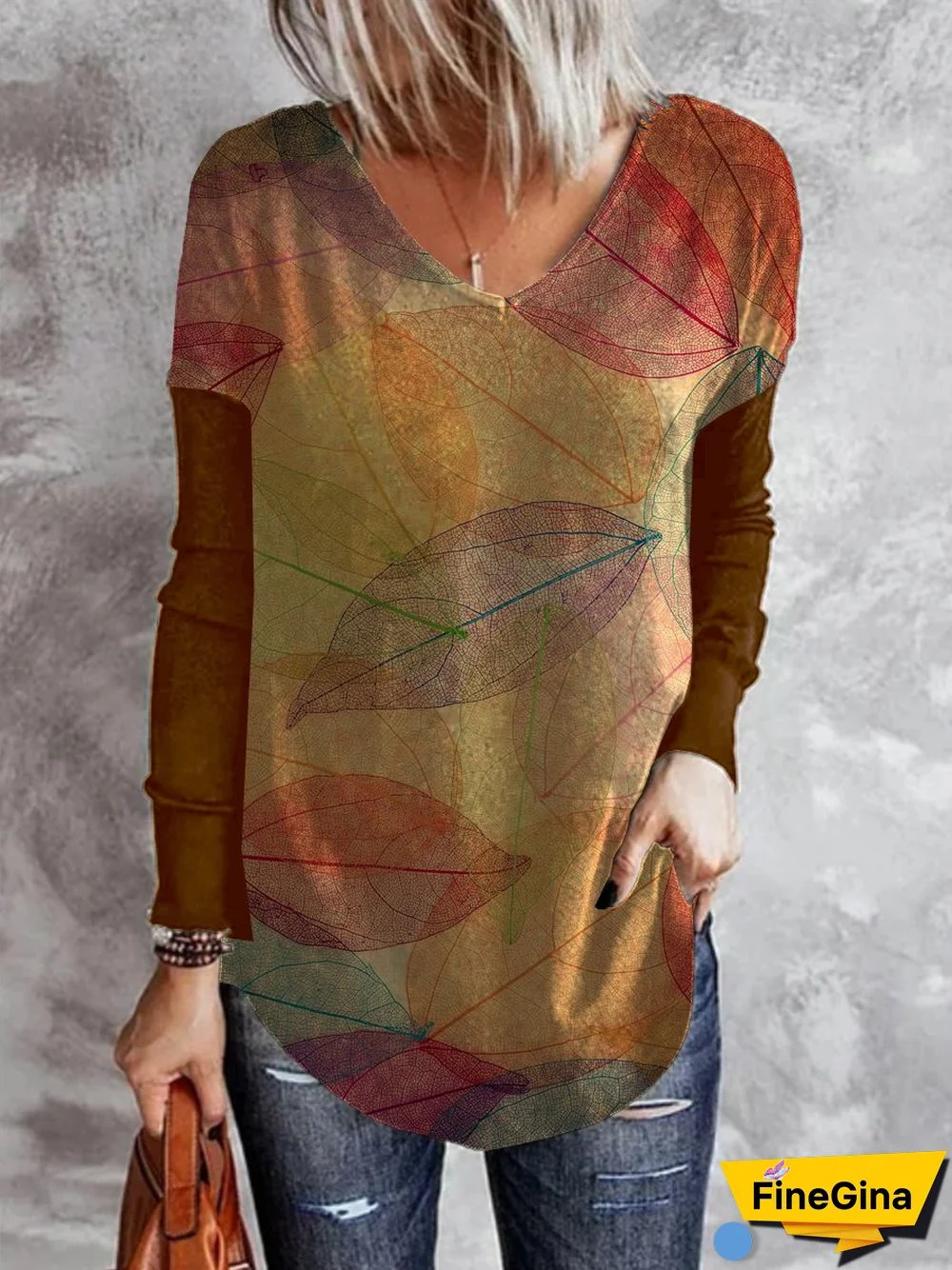 Long Sleeve Holiday V Neck Leaves T-shirt