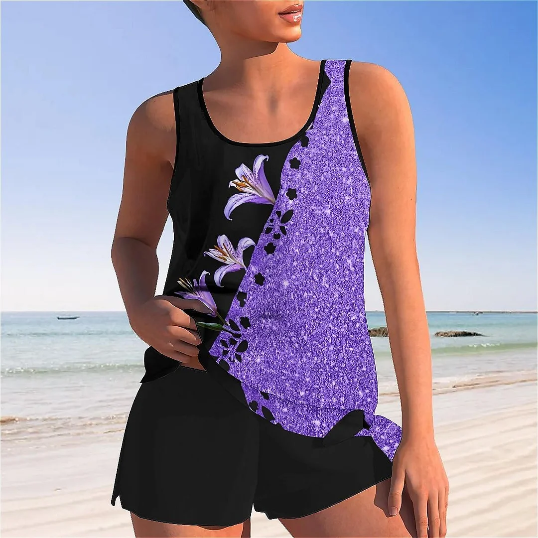 Bowknot Purple,Floral,Glitter Mid Waisted Tankini Set - Plus Size Available