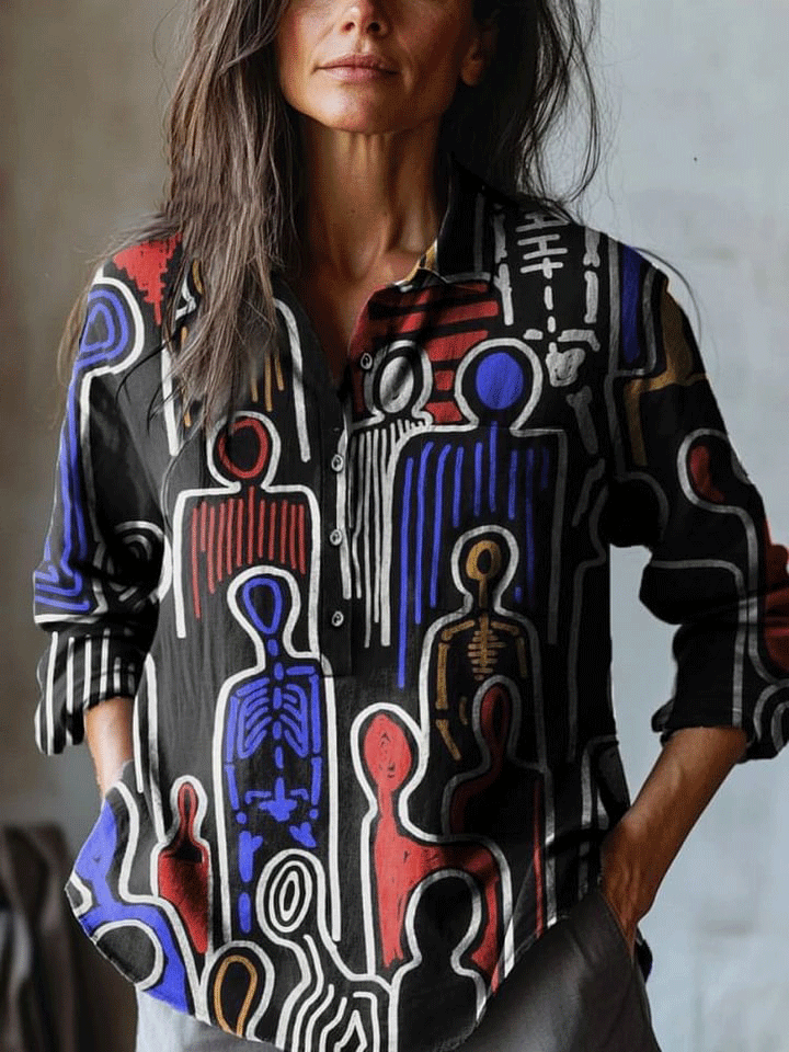 Women's Abstract Human Figure Art Print Casual Cotton And Linen Shirt
