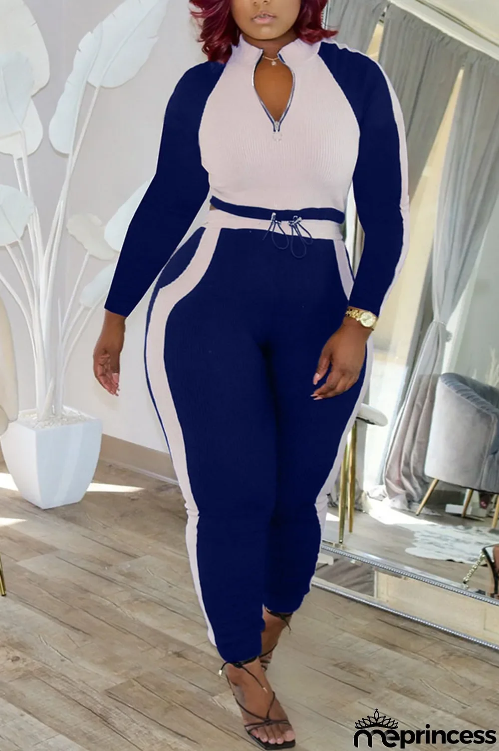 Blue Sexy Polyester Pit Article Fabrics Patchwork Print Solid Split Joint Zipper Collar Long Sleeve Regular Sleeve Regular Two Pieces