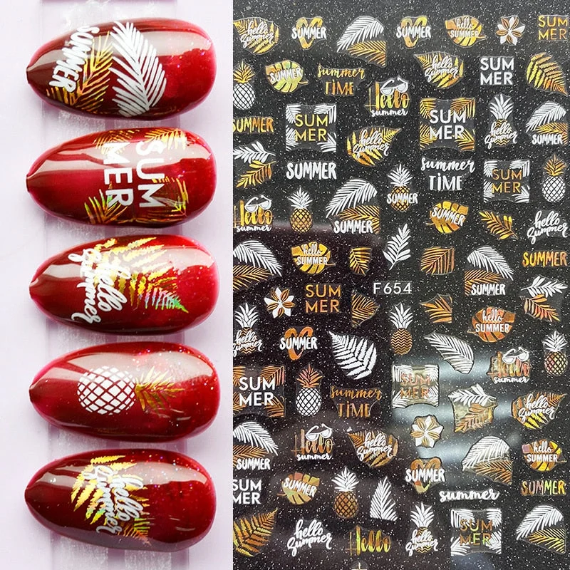 1PC Summer Bronzing Leaf 3D Nail Sticker Iridescent Tropical Leaves Tree Birds Transfer Decals Slider For Nails DIY Decoration-Nail Inspo