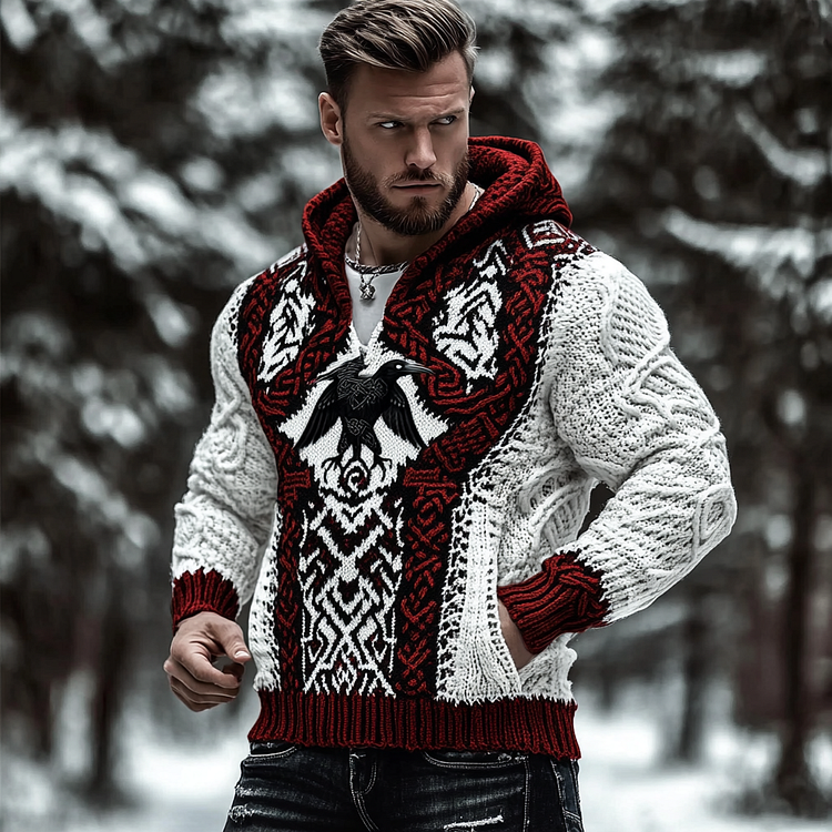VChics Vintage Viking Raven Rune Knit Jacquard Hooded Sweater